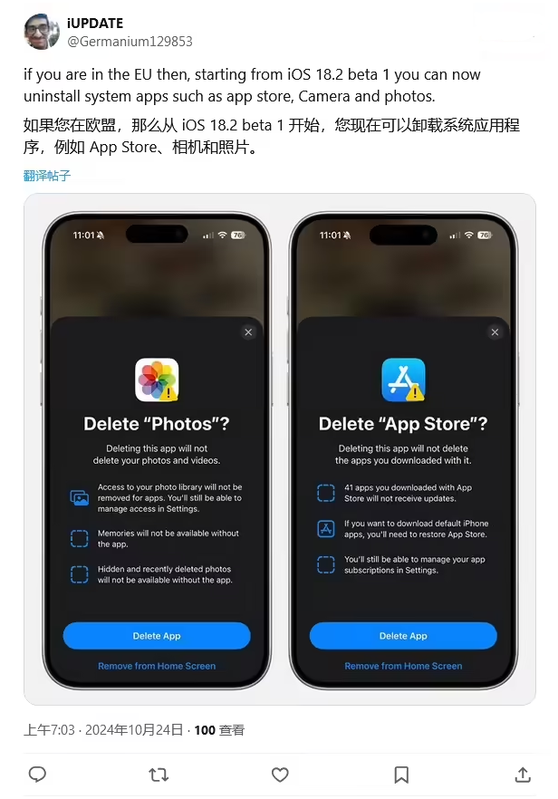 兴安苹果手机维修分享iOS 18.2 支持删除 App Store 应用商店 